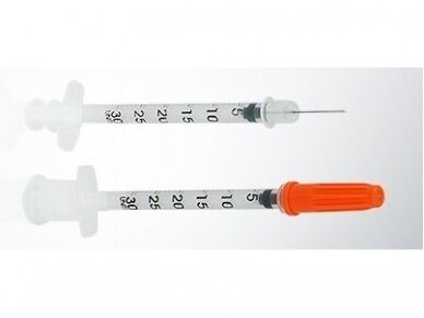 0,11 EUR už 1 vnt. užsakant 100 vnt. Švirkštas insulino, insulininis 0,3 ml sterilus su integruota 31G x 8 mm adata